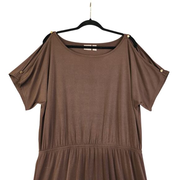 Chicos Womens Maxi Dress Size Large Chocolate Brown Cold Shoulder Stretch Travel - Picture 2 of 15